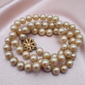 Vintage Faux Pearl Necklace 25" Gold-Tone Rhinestone Floral Clasp, Hand-Knotted